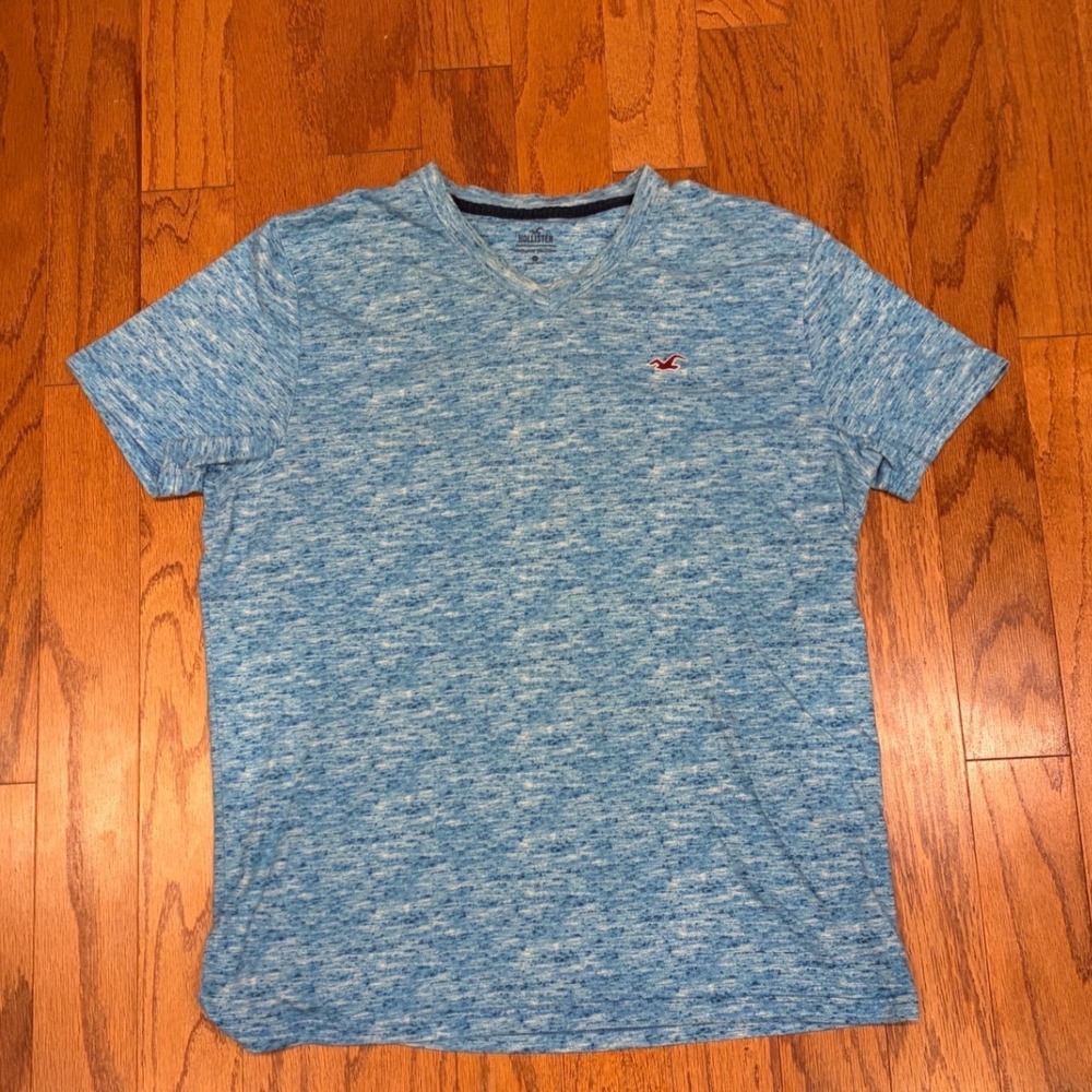Hollister Mens V-Neck T-Shirt Blue Space Dye Marl Short Sleeve Logo Tee Size M